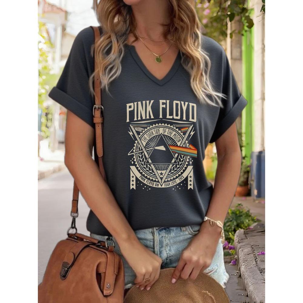 Damska koszulka z dekoltem w serek z grafiką "Pink Floyd Dark Side of The Moon", Koszulka z retro nadrukiem zespołu rockowego, Codzienny top z krótkim rękawem