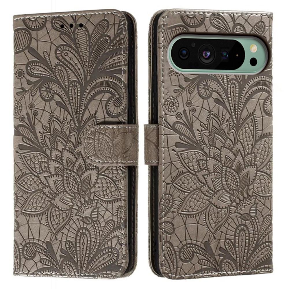 

For Google Pixel 9 Pro/9 Case Lace Flowers PU Leather Flip Wallet Phone Cover Grey