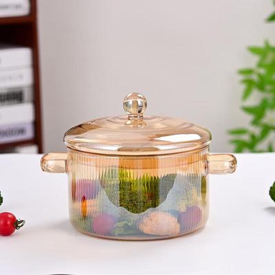 Bernsteinfarbener Glastopf mit Deckel und Doppelgriffen