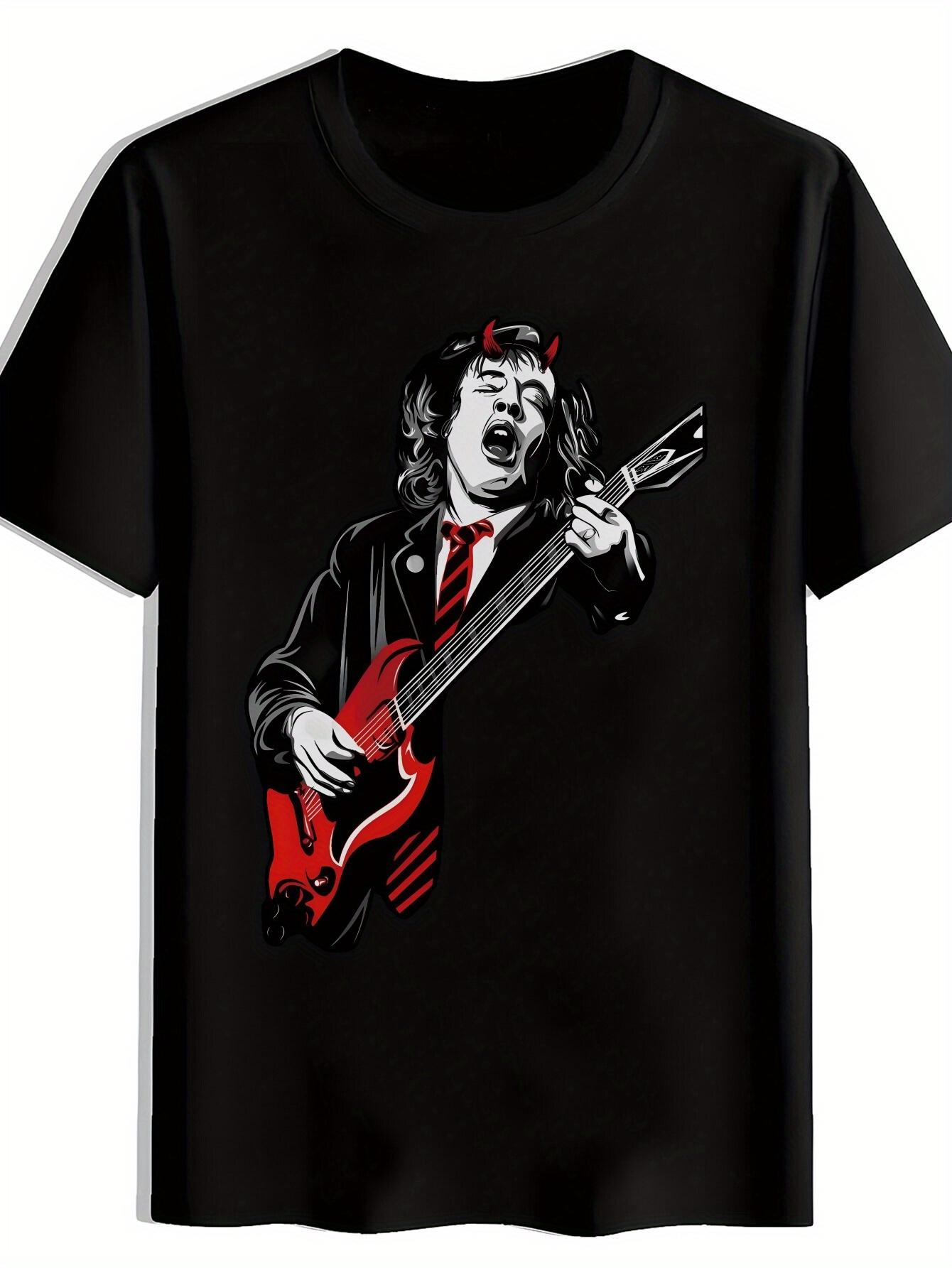 Black T-shirt with Vibrant Red & White Guitar Print - Casual Polyester Crew Neck S