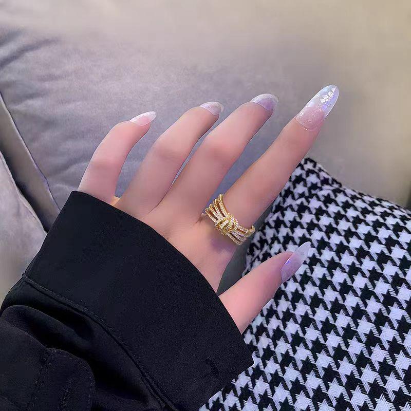 Knot Full Diamond Ring Luxury Hollow Multi-Layer Wide Version Exaggerated Female Niche Design Index Finger Ring Open Ring