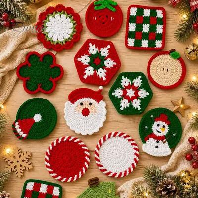 Weihnachts-Untersetzer für Getränke Handgemachte Garn-Untersetzer, Niedliche Nikolaus-Schneeflocken Häkel-Getränkeunterlagen, Winter-Feiertags-Tischdekoration Hitzebeständig