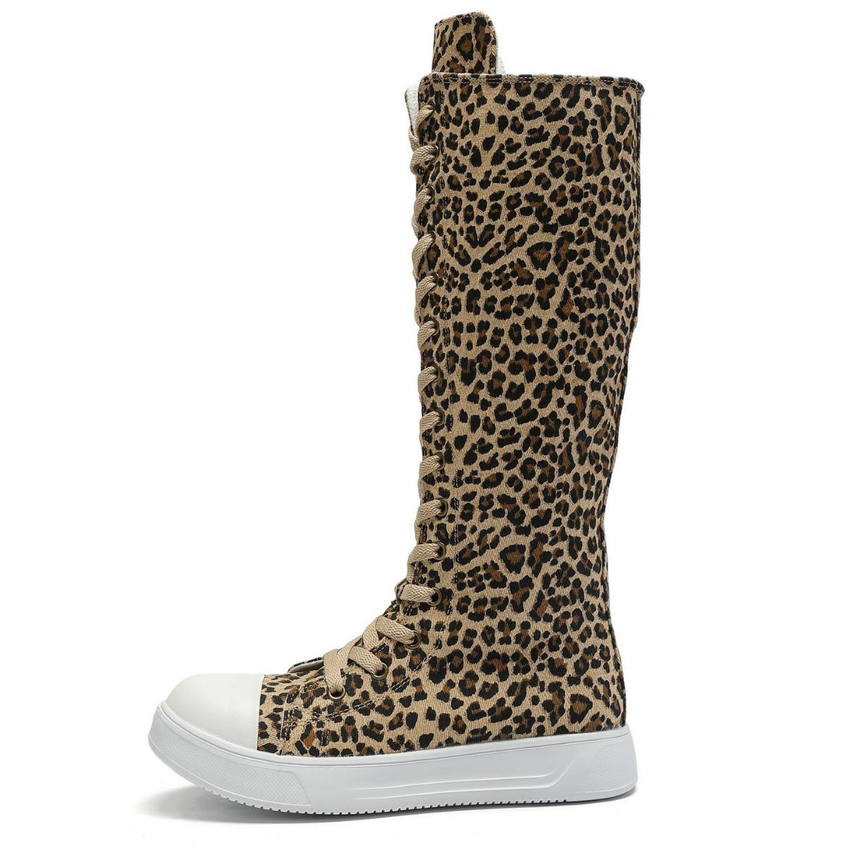 

Женские парусиновые кеды большого размера с высоким верхом, ботинки до колена на шнуровке с боковой молнией – Коллекция Весна 2025. 43 (Foot Length 279mm) цветной печати леопарда