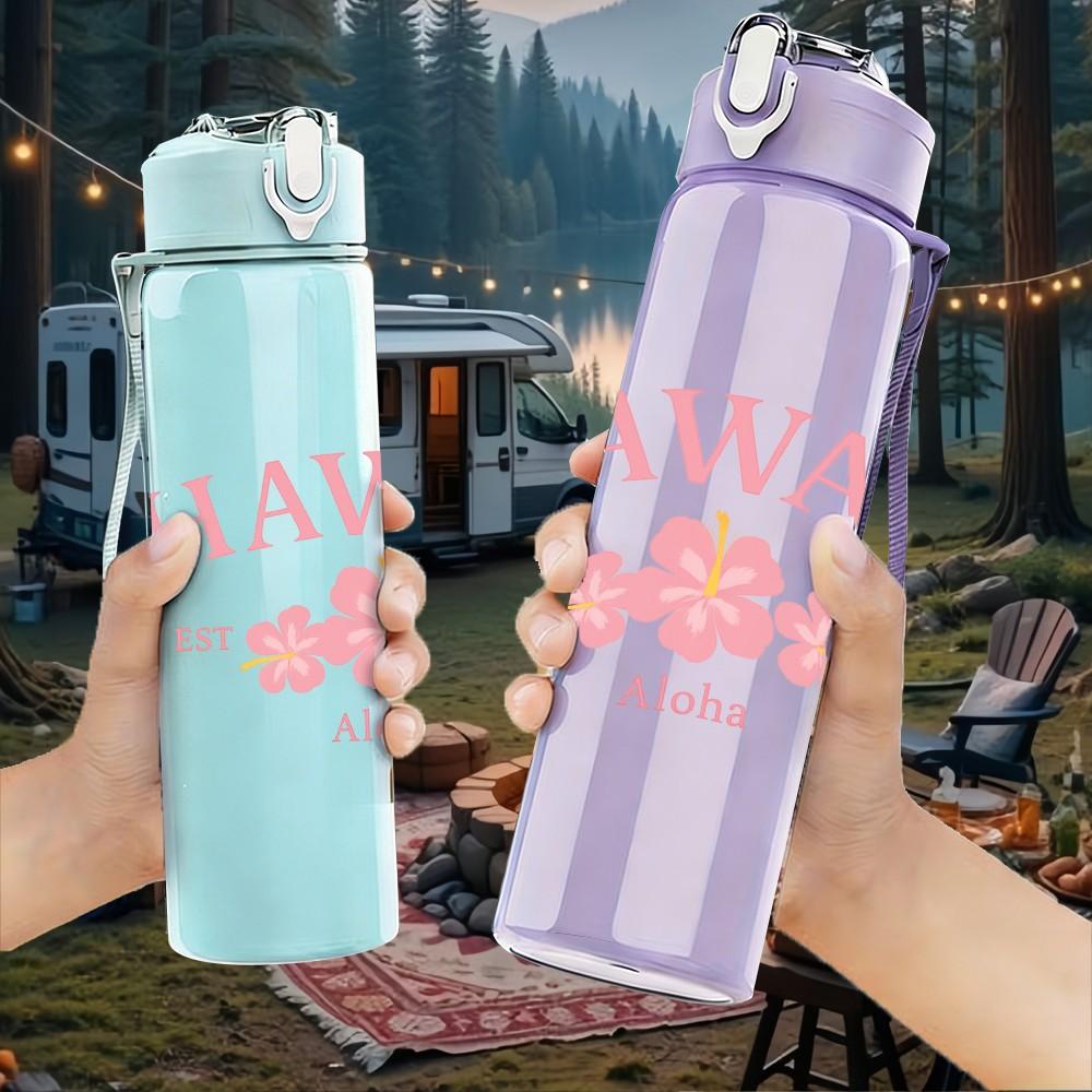 1PC Hawaii Pink Plumeria Text 750ml Color Plastic Sports Water Bottle Leakproof Flip Straw Lid Suitable for Sports Office Home Use