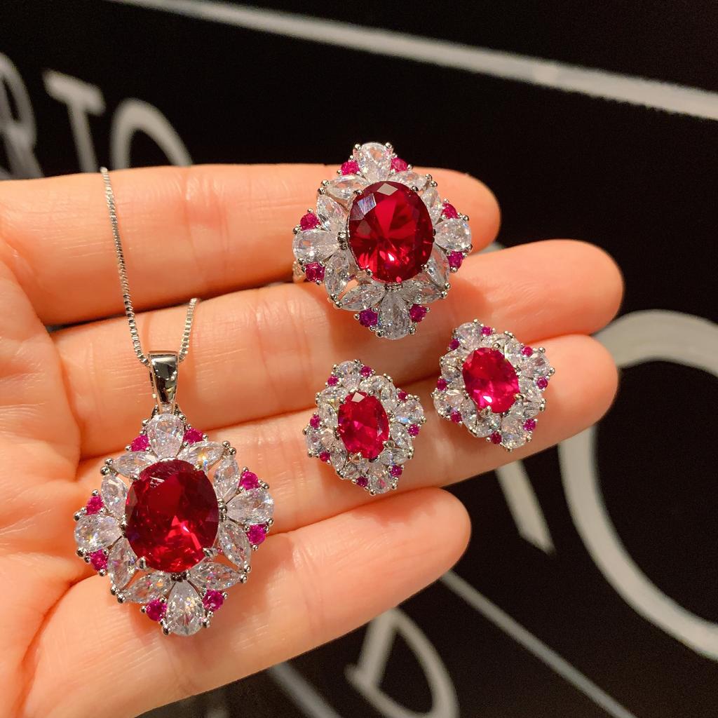 Jewelry Popular Simulation Red Glass Denier Pendant Ring 10 * 12 Stud Earrings 6 * 8 Set