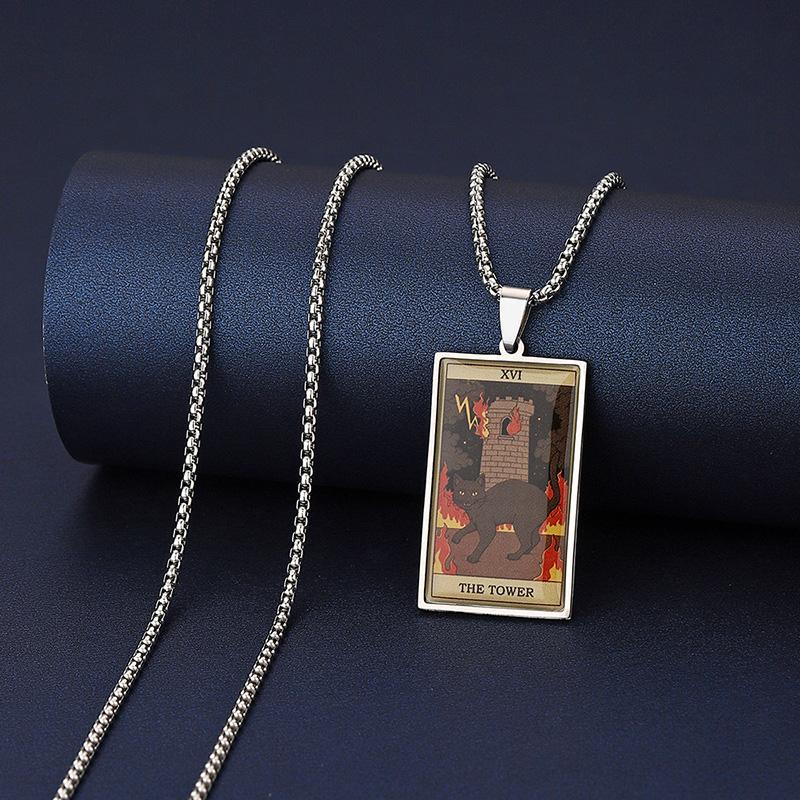 Stainless Steel Epoxy Cat Tarot Card Pendant Necklace For Men Boys Animal Divination Jewelry