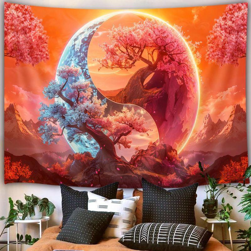 Neon Yin Yang Tapestry Wall Hanging Pink Purple Cherry Blossom Moon Mountain Psychedelic Aesthetic Wall Art Dorm Decor