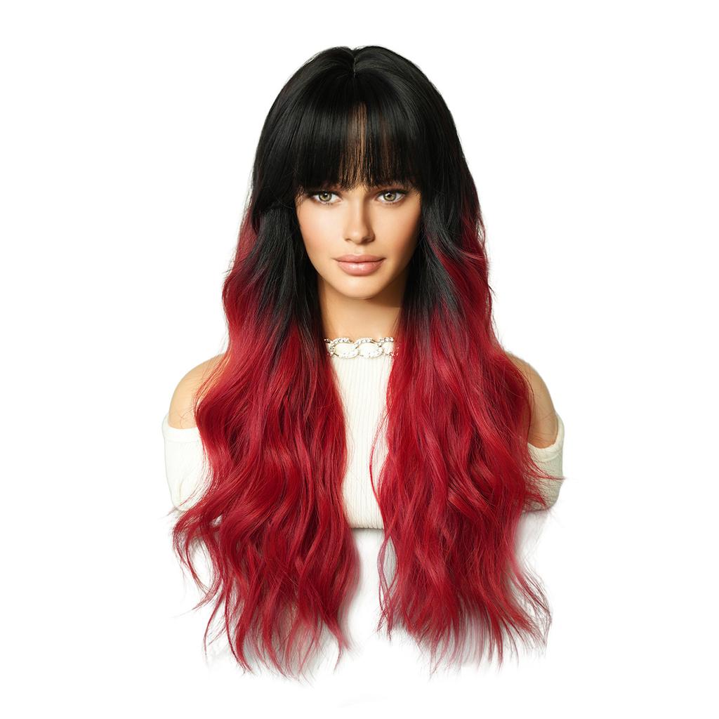 Attention To Ordering - Japanese Korean Women's Wig Black Long Curly Hair With Bangs Gradient Red Set Ombre Wigs