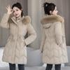Women's Mid-length Winter Jacket with Fur Collar and Hood - Slimming Thick Cotton Outerwear
