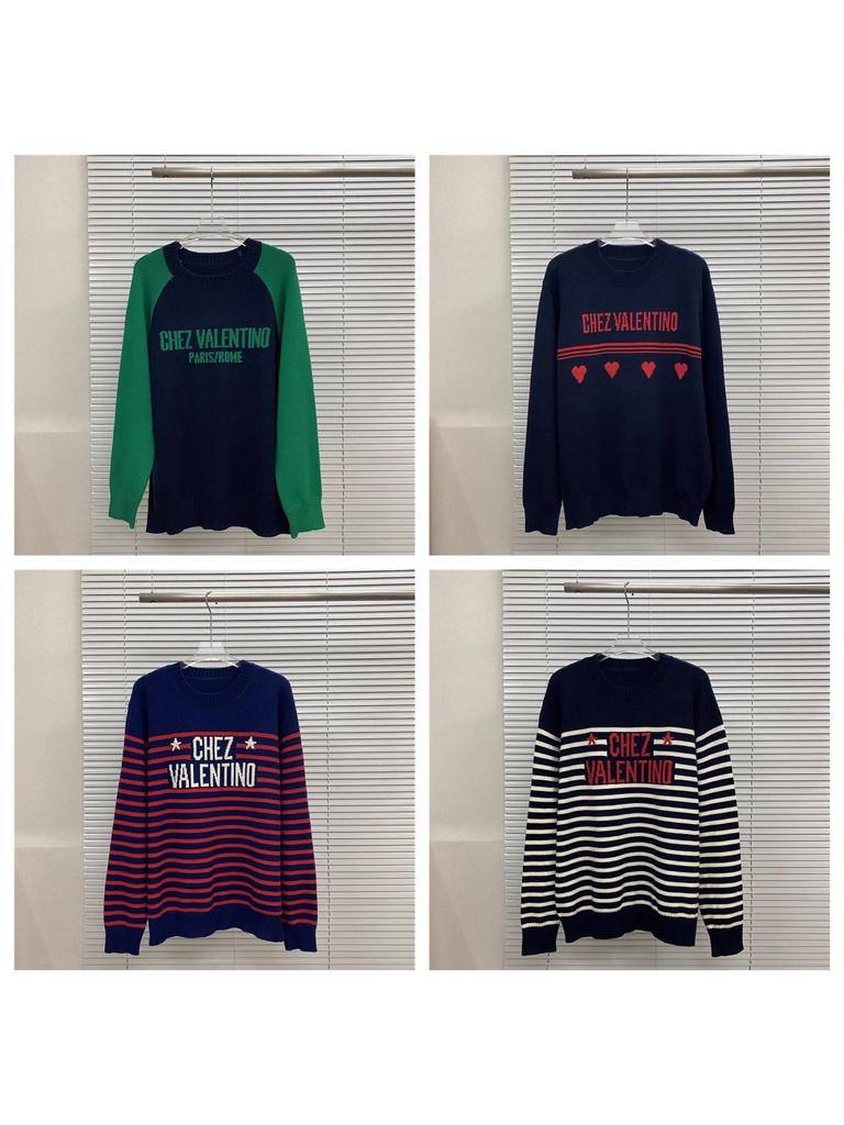 VT Valentino Unisex pletený svetr: 25 stylů, volný střih, kulatý výstřih, žakárové logo s písmenem na hrudi.