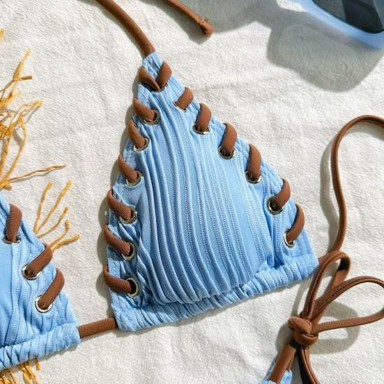Set Bikini da Donna 2 Pezzi Sexy Patchwork di Colore Plissettato Reggiseno Allacciato al Collo Vita Alta Nuoto