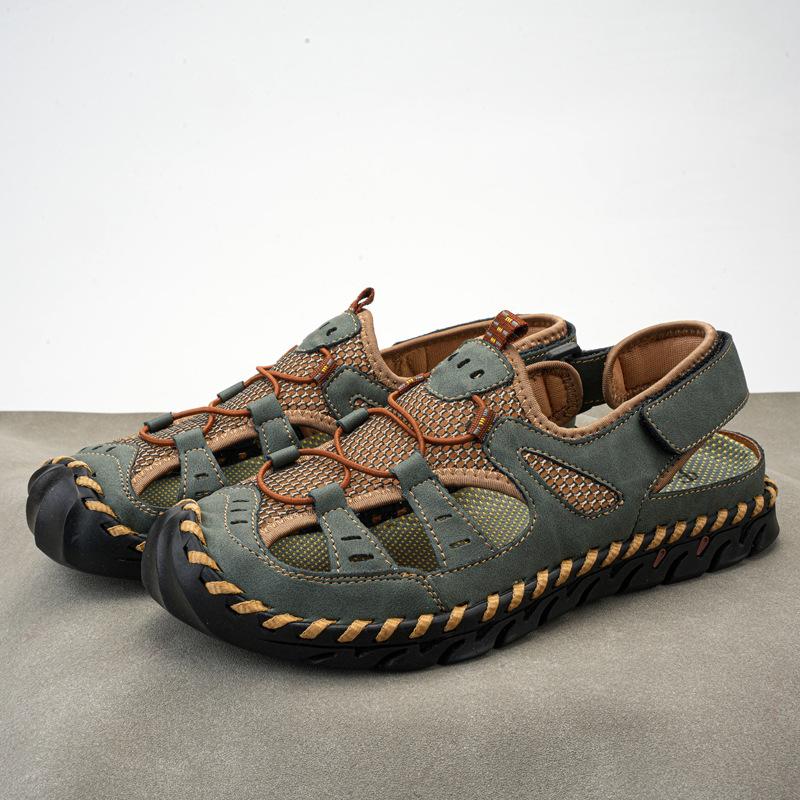 

Genuine Leather Mesh Sandals, Oversized Breathable Handmade Shoes, Summer Casual Men s Beach Shoes 46 зелений