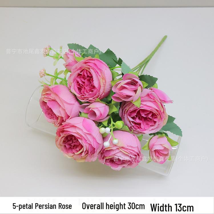 5-Head Peony & Persian Rose Artificial Flowers - Small Bunch for Home or Wedding Decor