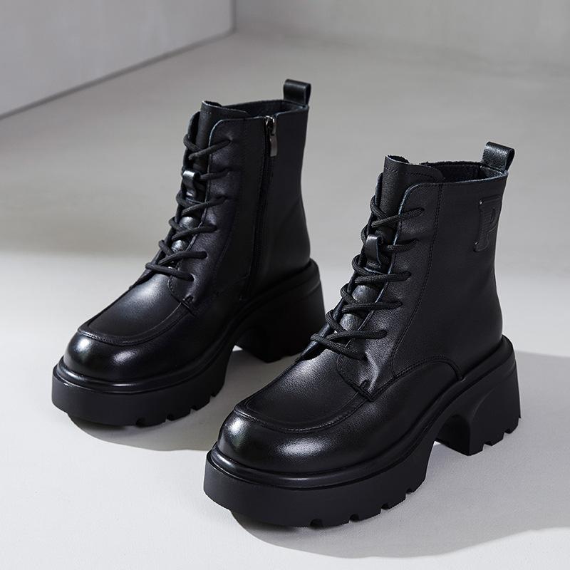 The first layer of cowhide Martin boots for women in the autumn and winter of 2025, the new muffin thick-soled lace-up leather retro short boots for