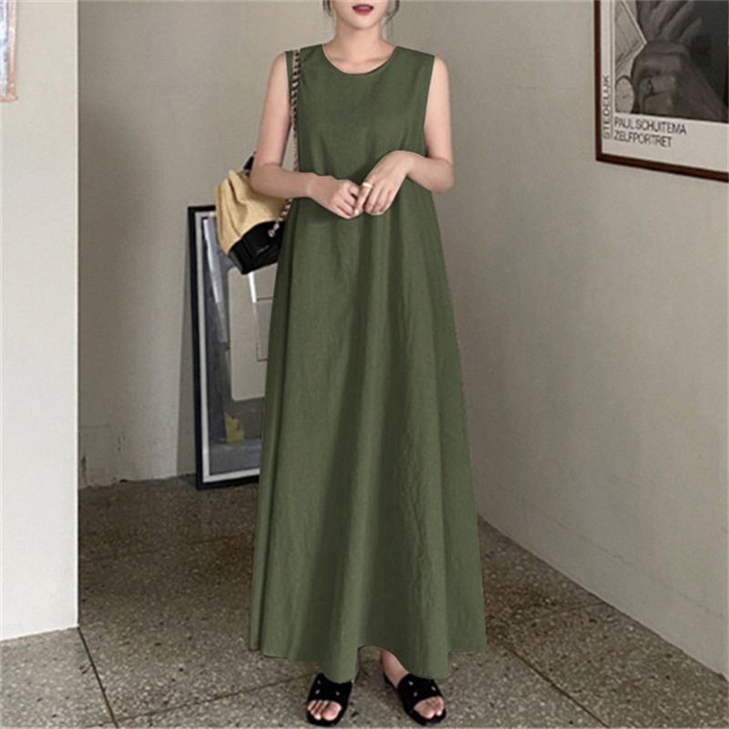 

Cross-Border Summer Cotton Long Dress with Straps, Cotton-Linen Loose Fit, Pocket Design, Round Neck, Elegant Sleeveless Flared Dress for Women Army Green M