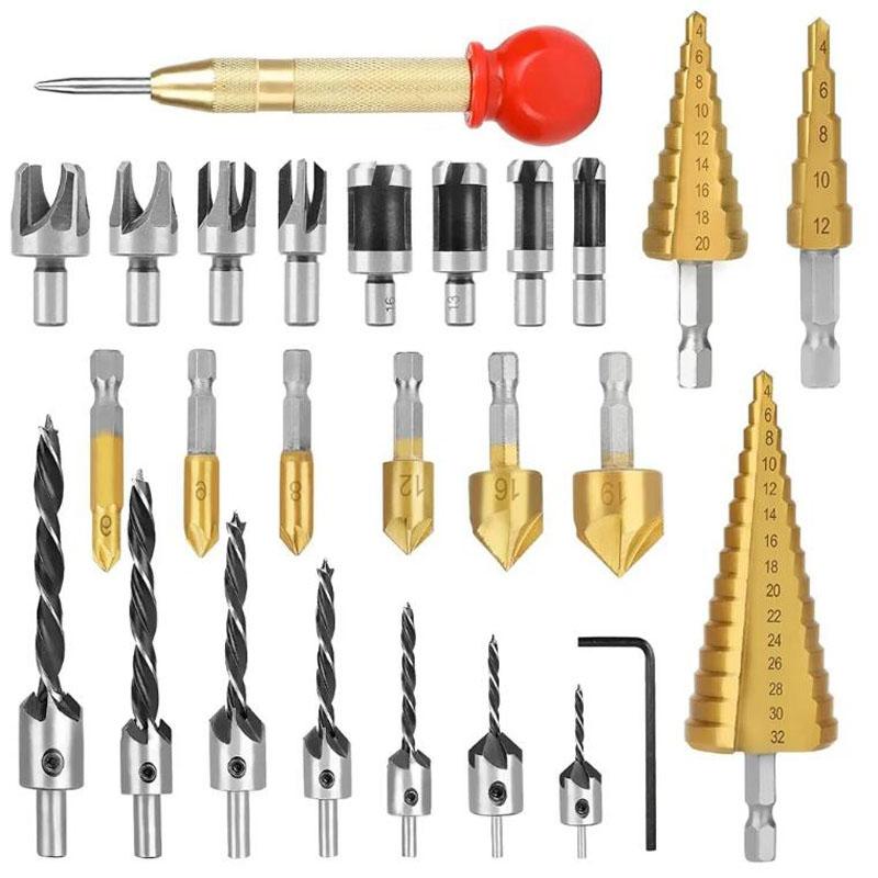 26ks Dřevoobráběcí stupňovitý vrták Tříbodová zápustná hmoždinka do dřeva Srážení hran Vrták Sada polohovačů středového razníku Nástroj na otvírání otvorů