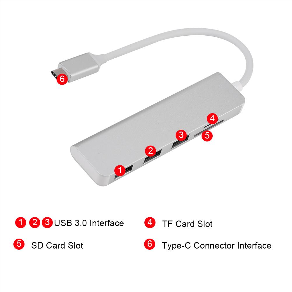 2 In 1 Type C Hub To 3 USB 3.0 Interfaces with TF   SD Card Slots