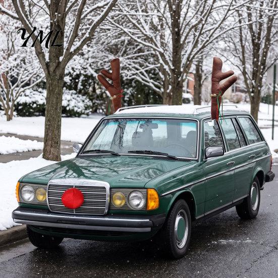 Winter Holiday Car Decor Christmas Reindeer Antlers with Red Nose, Plush Vehicle Decoration Party Accessory Kit Jingle Bell Ribbon, Festive