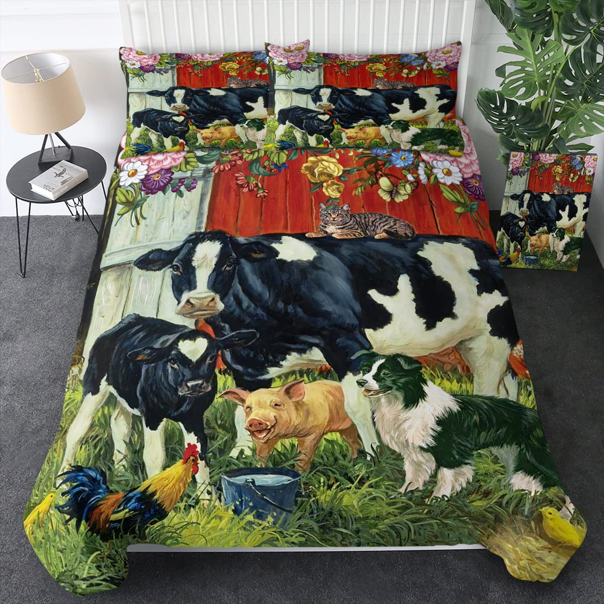 

Farmer Cow Print Duvet Cover Set Oil Painting Cow Bedding Set Vintage Animals Dog Pig Chicken Printed Comforter Cover Full Size EU Single(135*200cm)3pcs