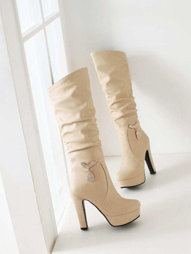 

Корейская версия высоких сапог, стразы, толстый каблук, супервысокий каблук, осенне-зимние сапоги, детские кожаные сапоги-чулки, белые. 43 абрикосовый