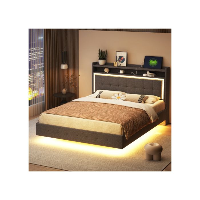 Lit rembourré - MUVOE - 140x200 - Prise USB - Éclairage LED - Tissu lin gris