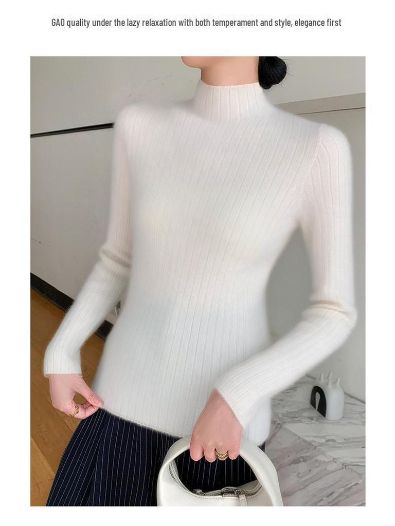 Premium Cashmere Rib-Knit Women's Slim-Fit Warm Sweater - Semi-High Neck, Thickened for Autumn & Winter.