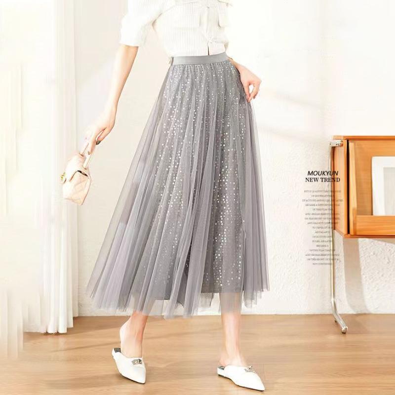 Jupe tutu en tulle à paillettes pour femme avec taille élastique brillante et longue jupe trapèze en tulle