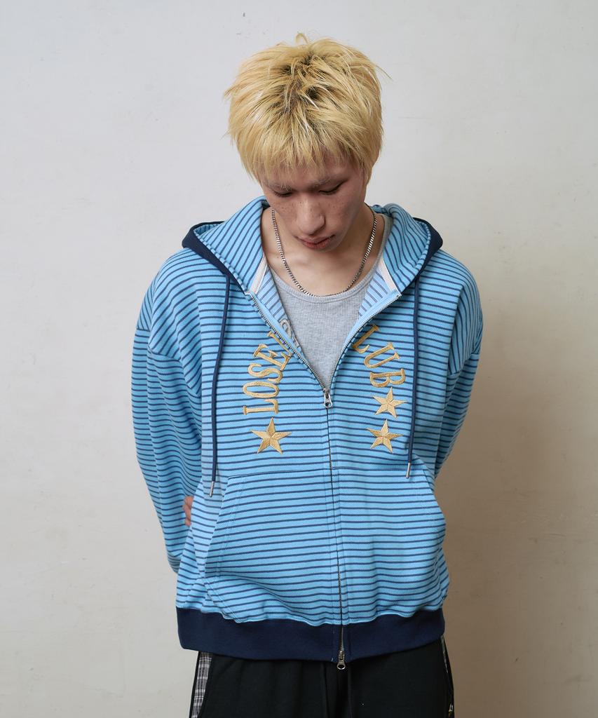 Losers Club Striped Two-Tone Two-Way Zip-Up Hoodie Sky Blue