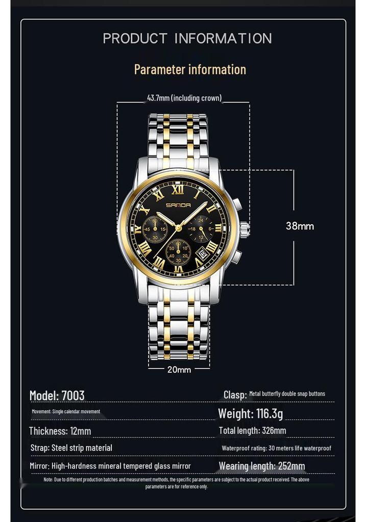 Sanda Men's Waterproof Luminous Quartz Watch - Fashionable Three-Eye Six-Hand Design with Steel Band.