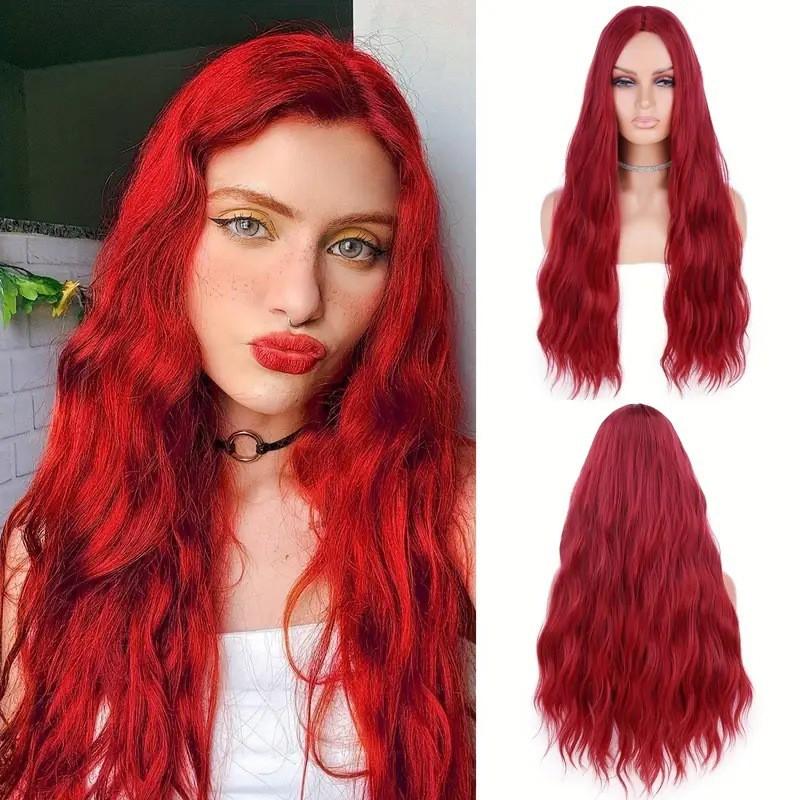 Long Wavy Synthetic Wig With Center Part Water Wave Style Women Natural Look Heat Resistant Fiber