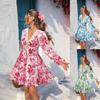 Women's Lace Trim V Neck Floral Print Mini Dress, Long Sleeve Casual Vacation Boho Ruffle Hem Beach Dress for Women