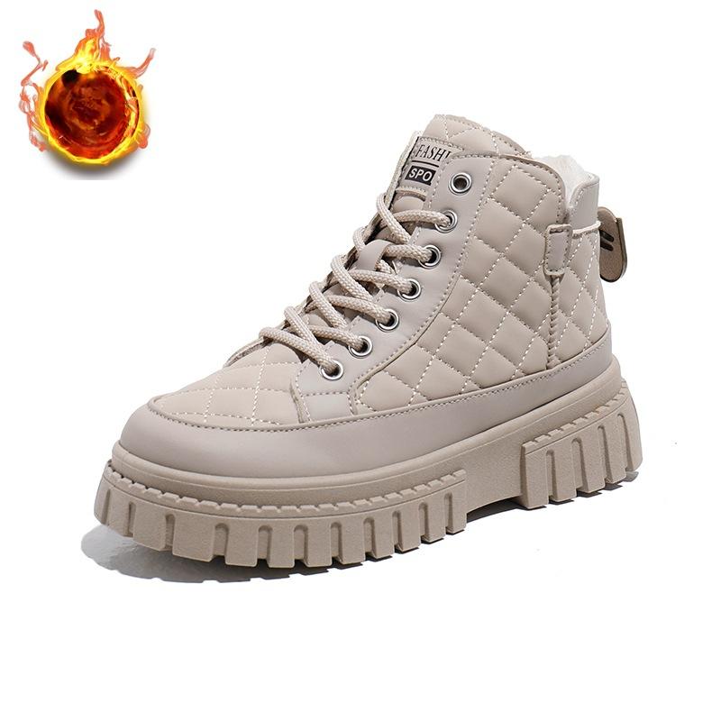 Lässige, klobige Plateau-Schneestiefeletten für Damen mit Kunstfellfutter, rutschfeste, warme Winterstiefeletten mit Schnürung, Schuhe für Damen, bequeme kurze Stiefel