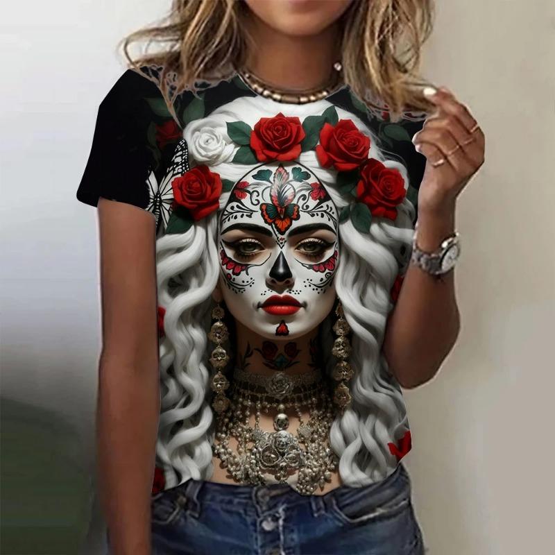 Damen T-Shirt für Mädchen Sommer Kurzarm Lässig Mode Sexy Mädchen Kleidung Horror Untote Schädel Muster Übergroße T-Shirts