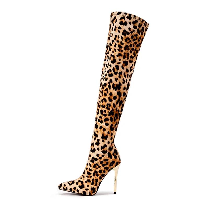 Women Stretch Fabric High Thin Heel Long Boots Sexy Leopard Over-the-knee Boots for Office Nightclub Evening Party Gathering OL 35 леопардовый 4100₽
