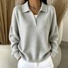 Women's V-Neck Collared Ribbed Knit Loose Fit Casual Sweater for Spring and Fall