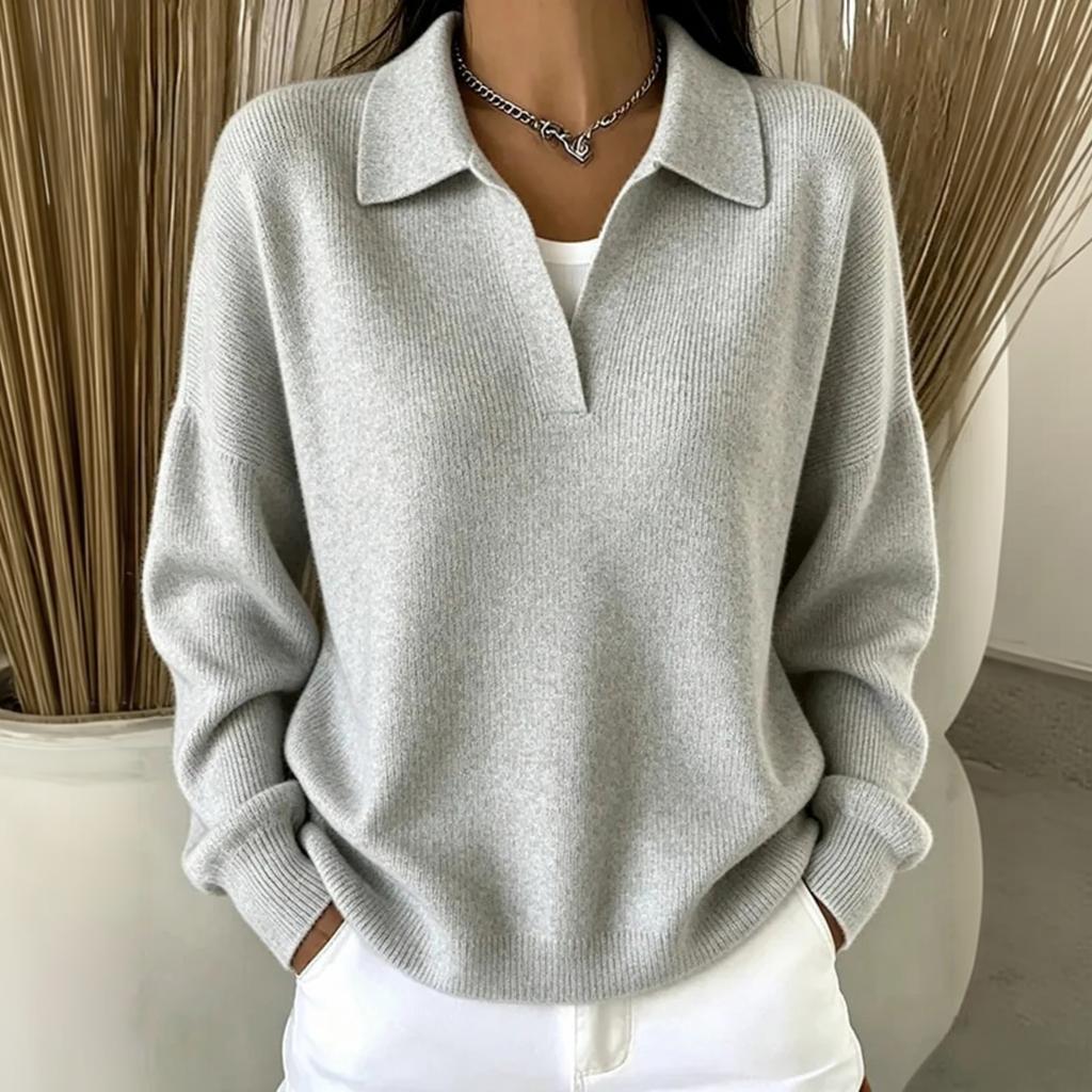 Women's V-Neck Collared Ribbed Knit Loose Fit Casual Sweater for Spring and Fall