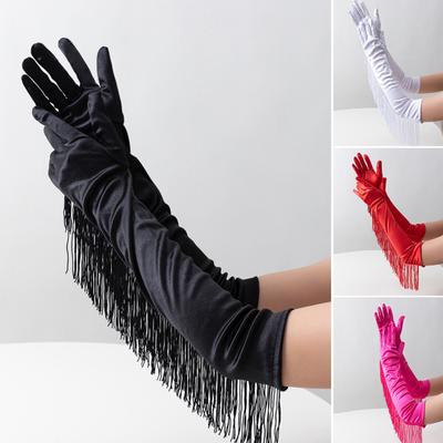 Fringed Elbow Gloves 17.7" Vintage Long Opera Pageant Gloves 1920s Bridal Gloves