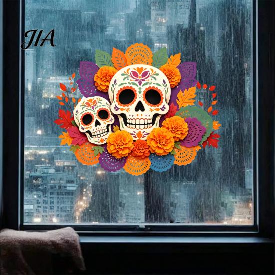 Decorative Holiday Gifts Day of The Dead Window Static Sticker, Flower Skull PVC Sugar Decals Decals, Waterproof Halloween Glass Clings for