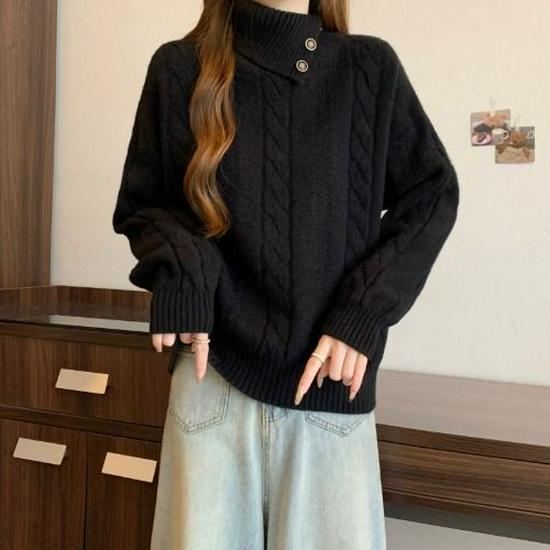 

Luxurious Cable Knit Turtleneck Sweater for Women - Plus Size, Drop-Shoulder, Irregular Lapel - 2025 Autumn/Winter Collection L (105-115 Jin) чёрный