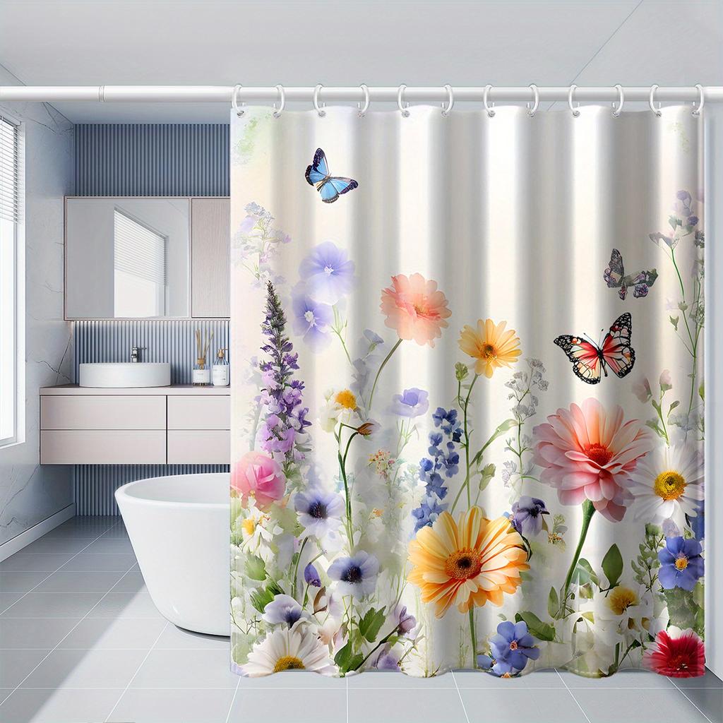1pc Colorful Flower Shower Curtain - Polyester, 71x71 Inches, 12 Hooks, Universal Fit for All Seasons, Bathroom Decor