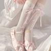 Ballet Elegant Style Sock Ribbon Bows Tie Stocking Hollows Lace Striped Bows Tie Fishnet Long Knee Length Sock for Womens Girl