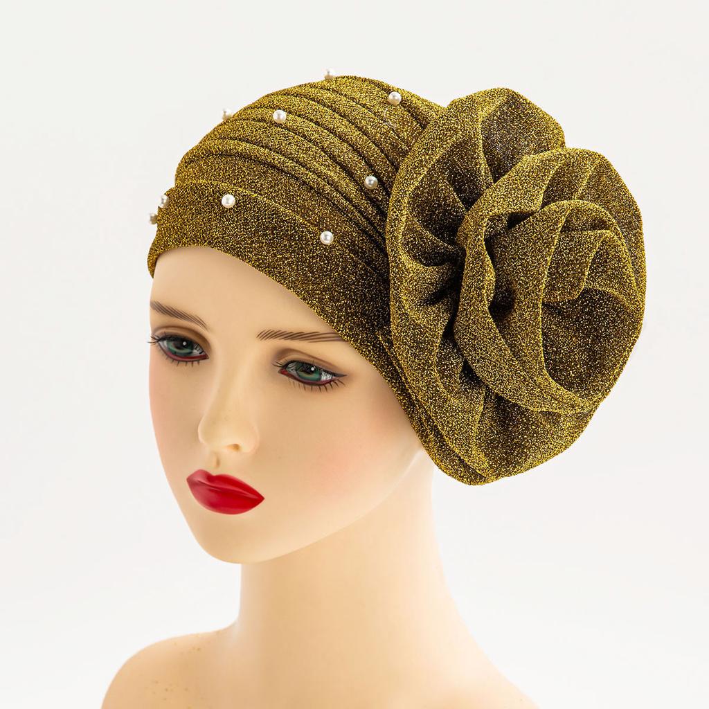 Shiny Fabric Oversized Flower Headscarf Hat with Pearl Indian Style Party Ball Gown Design Multi-Way Wear Cosmetic Decoration Cap