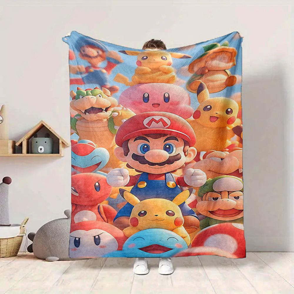 1pc Mario Pikachu Cozy Print Blanket Lightweight Warm Flannel Throw Blanket For Sofa, Bed, Living Room