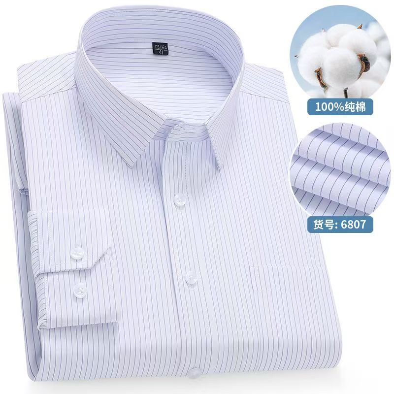 8XL Solid Color Classic Striped Shirts Men Long Sleeve Formal Office Business White Blue 100 Cotton Long Sleeve Shirt for Men