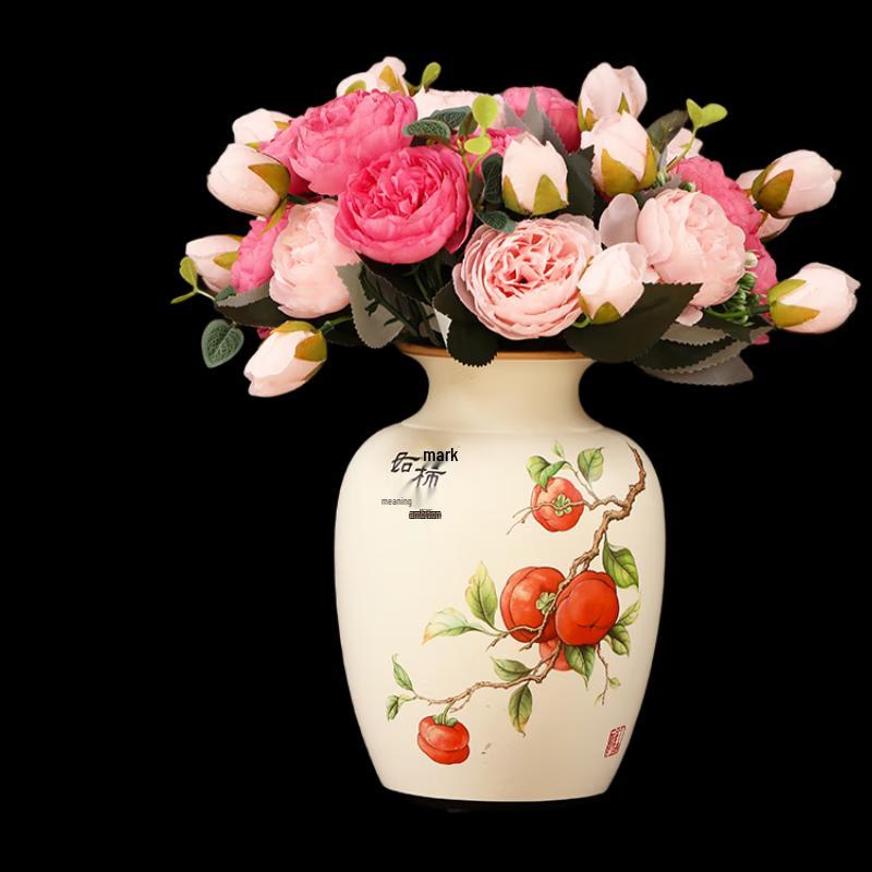 New Chinese Deer Ceramic Vase with Pink Peonies