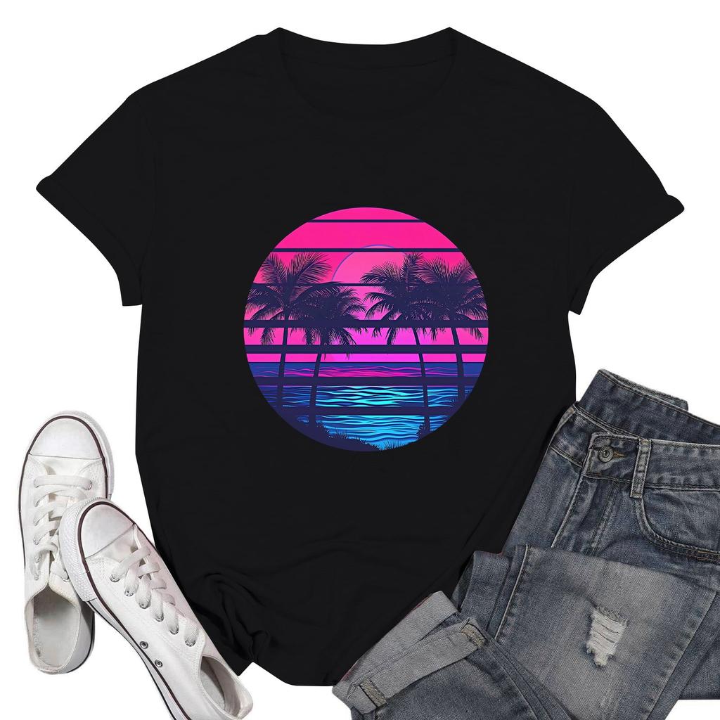 Women's Fashion Casual Printed Short Sleeve Round Neck Pullover Tops