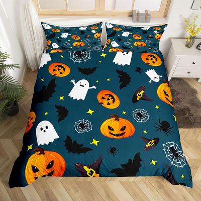 Cute Halloween Ghost Duvet Cover Set Twin Size Pumpkin Comforter Cover Halloween Festival Themed Bedding Set 3pcs for Kids Boys