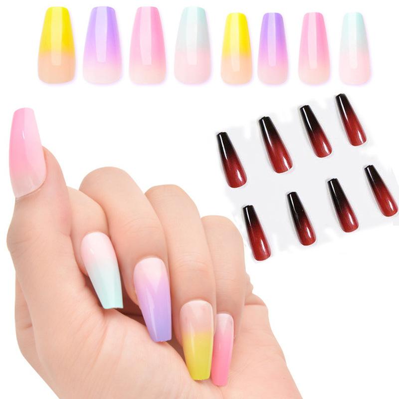 24PCS/box Gradient Color Ballet Med-Length Fake Nails Press On Full Cover Wearing Wearable Acrylic Nail Tips with Glue for Girls