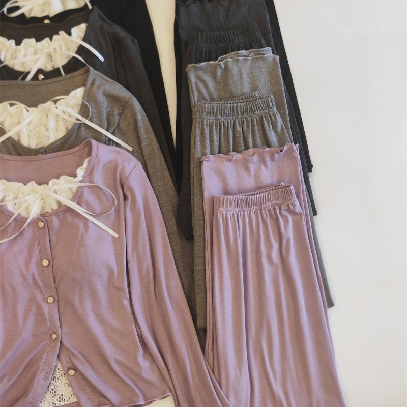 Chunqiu Damen Süßes Spitzen Modal Viskose Pyjama-Set mit Brustpolster - Langarm & Hose