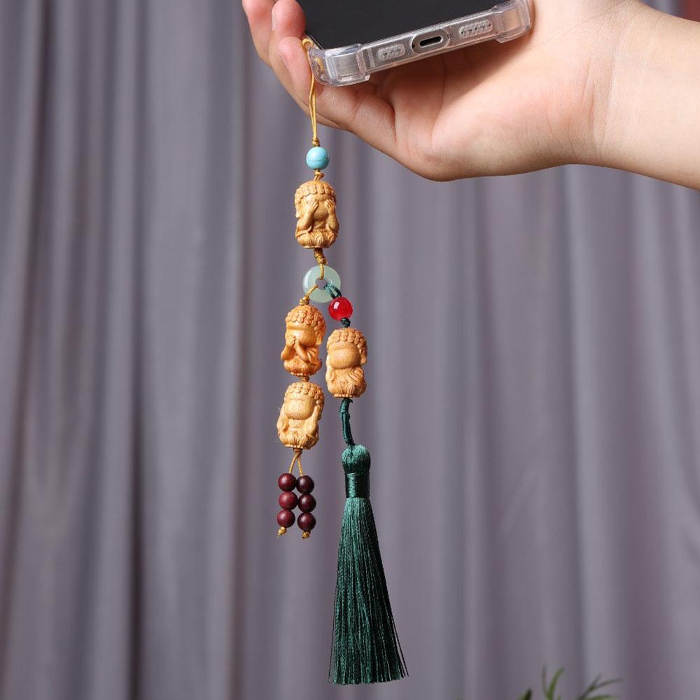Creative Sandalwood Carving: Little Buddha & Bear Car Prayer Beads Pendant